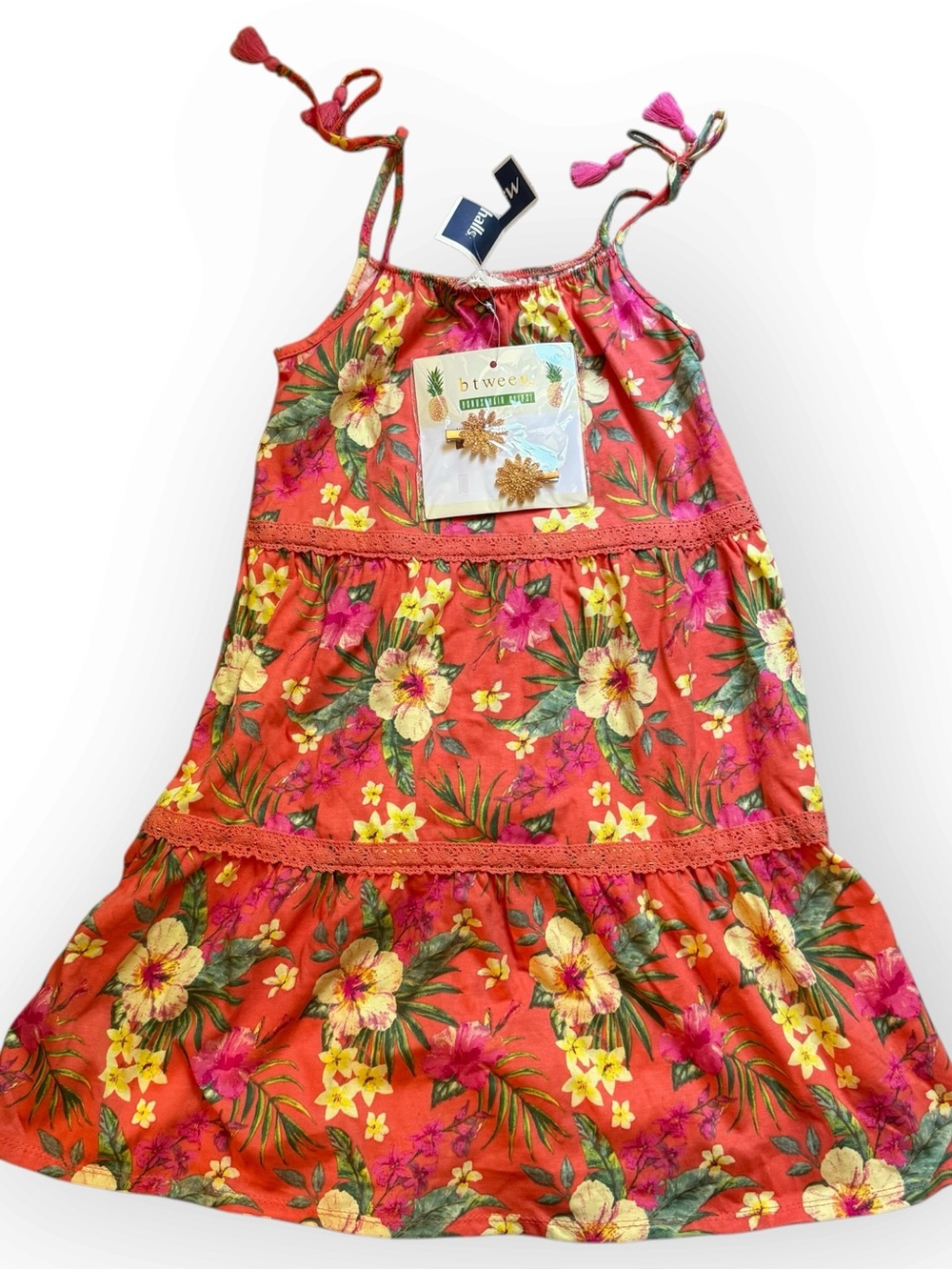 btween Girls 10 Tropical Floral Tiered Sundress with Matching hair clips NWT